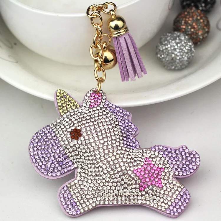 Novelty Cute Bling Shiny Unicorn Shaped  with diamond  covered Leather PU Keyring  Key Ring key chain Keychain