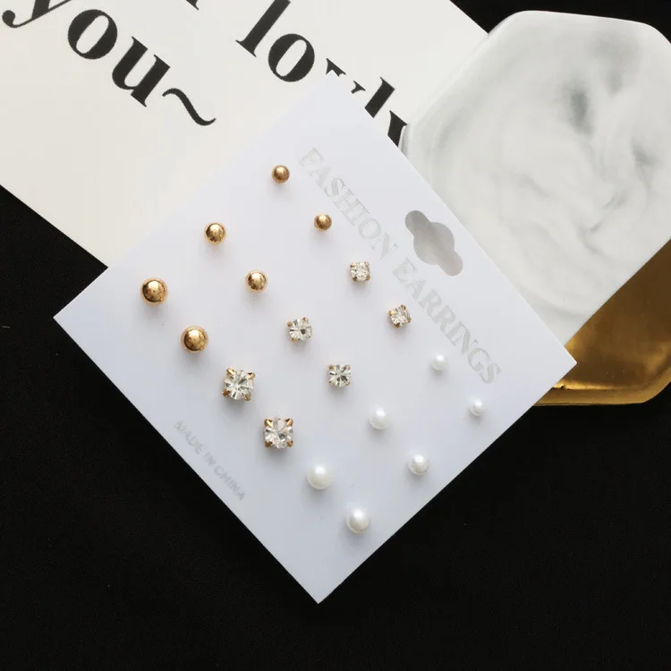 YWMT 2019 Gold Jewelry DIAMOND Round Ball 9 Piece Earring Set Crystal Rhinestone Pearl Fascinating Stud Earrings Women