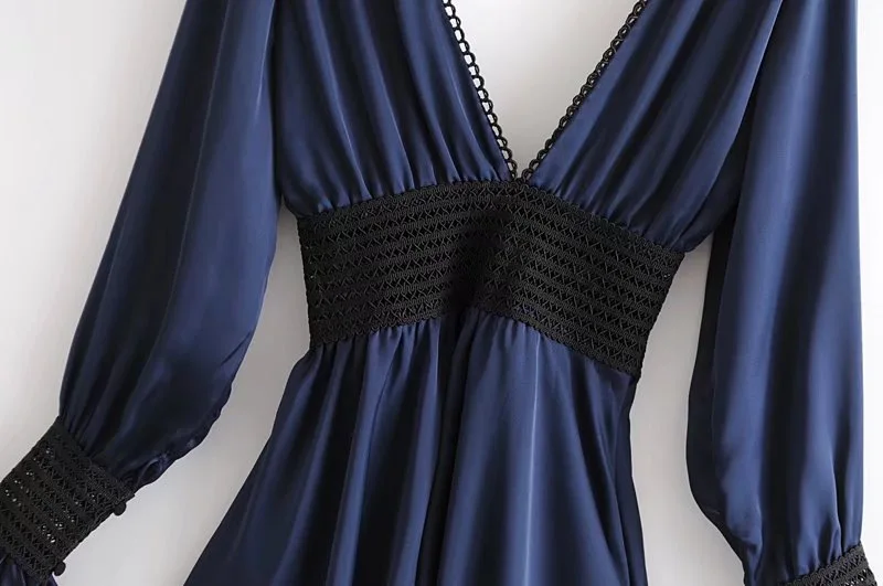 OEM ODM Clothing Woman Sexy See Through Navy Long Sleeve Deep V Neck BOHO Beach Dress