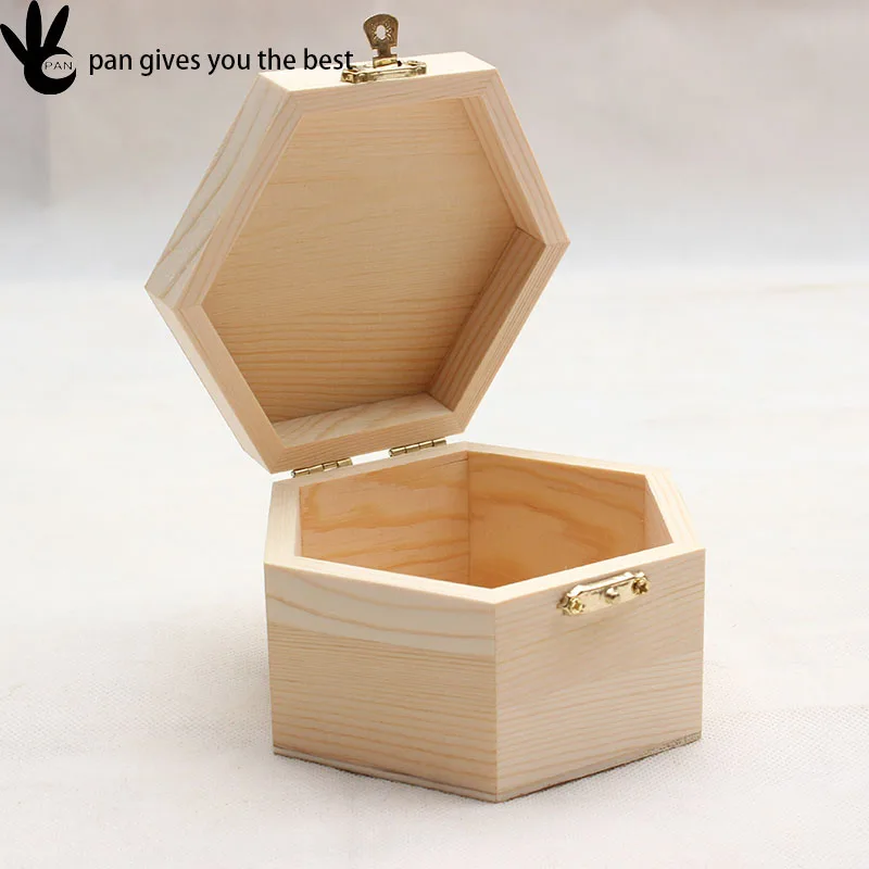 New design hexagonal unpainted luxury pine wooden pen box with lid