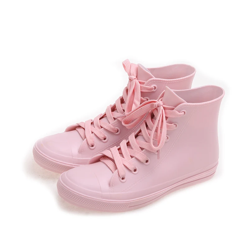 
Fashion plastic cheap lace-up pink pvc colorful ankle rain boots for women 