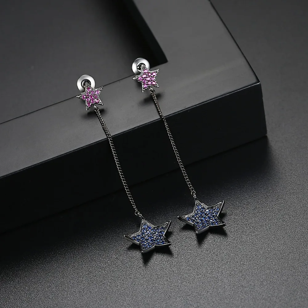 LUOTEEMI Black Rhodium Dark Blue Cubic Zirconia Double Stars Statement Bar Drop Earrings Stylish Jewelry For Women Gift Idea