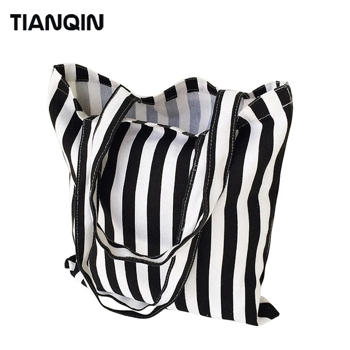 Designer Custom Cheap Handle Canvas Shopping Bag Heavy Duty Cotton Tote Bag Black and White