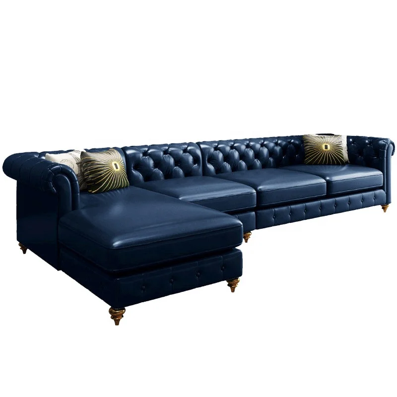 
Leather cushion solid wood structure chesterfield sofa set for hotel 