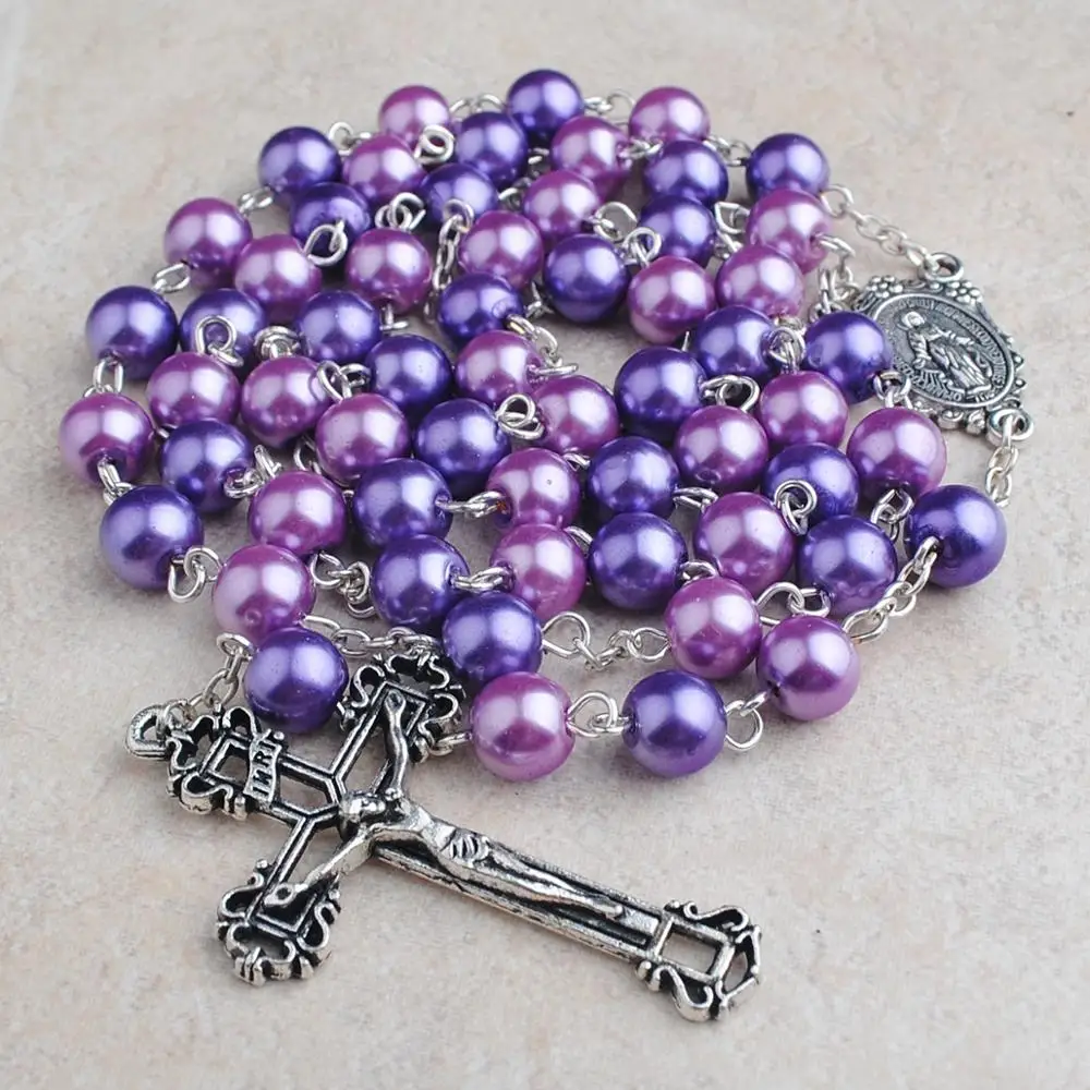 8mm Pink and Purple Glass Pearl Beads Catholic Rosary with Gift Box Factory Custom Religious Items Jewelry Necklaces