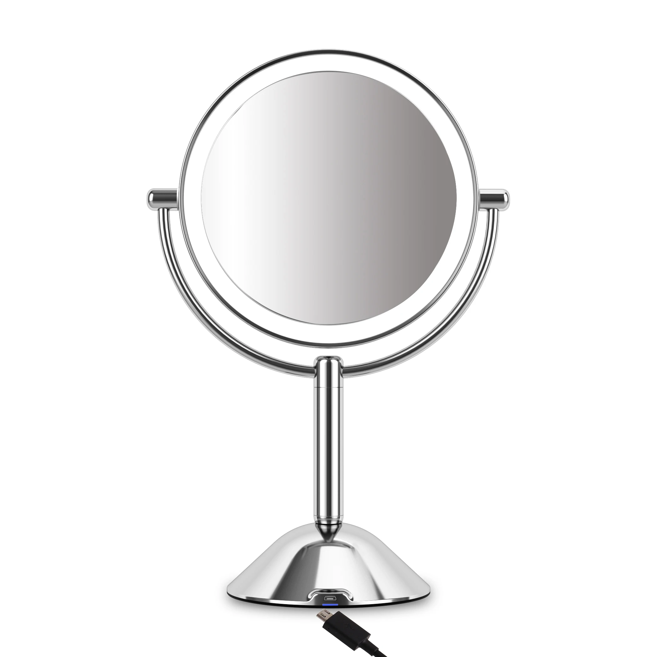 Iron Chrome Plated Double Sided 10X Magnifying Illuminated Pedestal Mirror For Makeup Vanity
