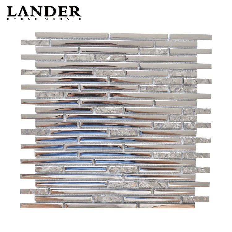 linear long strip Electroplated  mixed silver glass mosaic tile