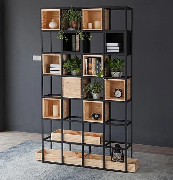 
Tall Cafe Shop Decoration Bookshelves Industrial Style Metal Frame And Wood Box Bookcase Large Black Wrought Iron Bookshelf 