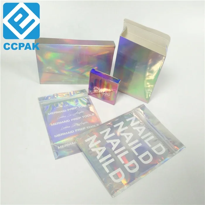 Eyelash/Nail Polish Packaging Hologram paper box Holographic Foil bags with Adhesive sticker