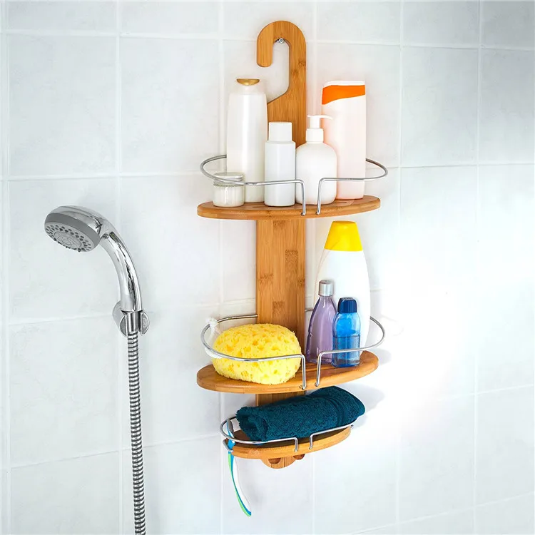 New Listing Custom 3-Shelf Shower Caddy Multifunction Wall Mounted Bamboo Bathroom Hanging Rack