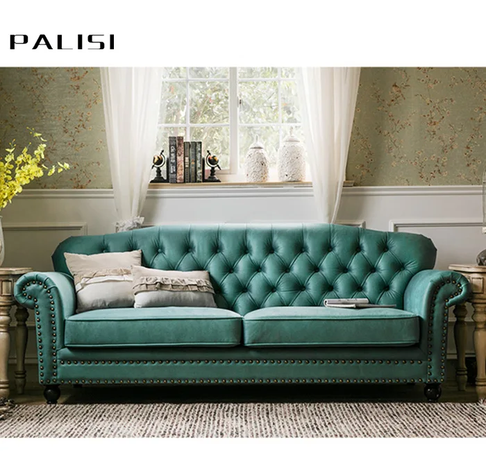 Tufted American Country Sofa Design 1 2 3 seat  Fabric Material Collocation Vintage Sofa Set Design Wood Legs