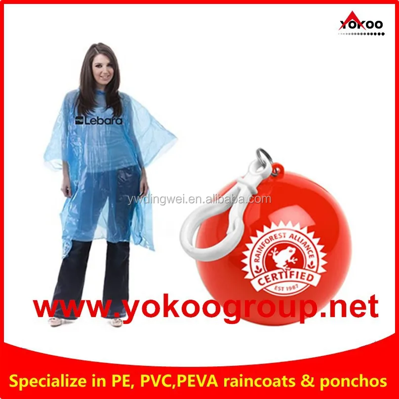 
plastic emergency disposable poncho raincoat with keyring ball 