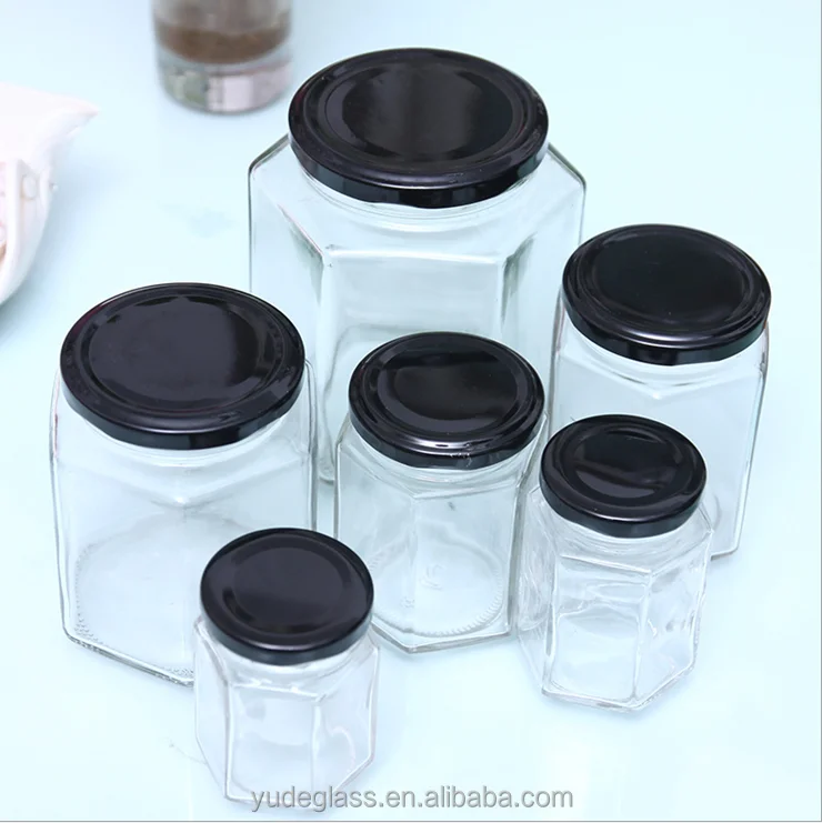 Wholesale hexagon glass jar for honey, honey bear jar with metal lid