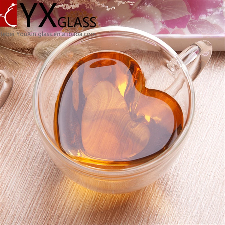 
Heart shape high clear double wall glass cup tea glass with handle 