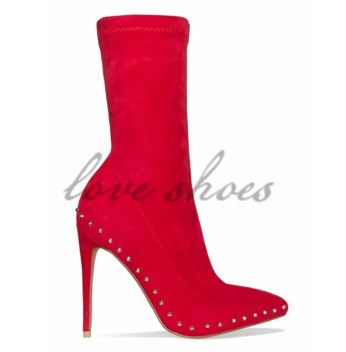 Sexy Ladies Shoes Red Suede Studded Pointed Toe Ankle Boots For Girls