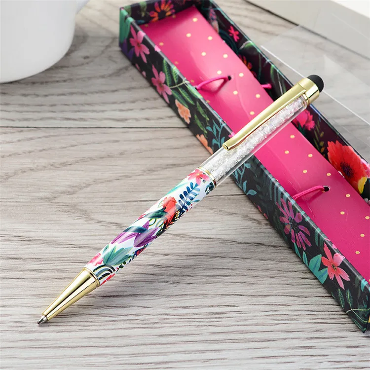 2019 Heat Transfer LOGO Floral Metal Body Ballpoint Pens with Crystal
