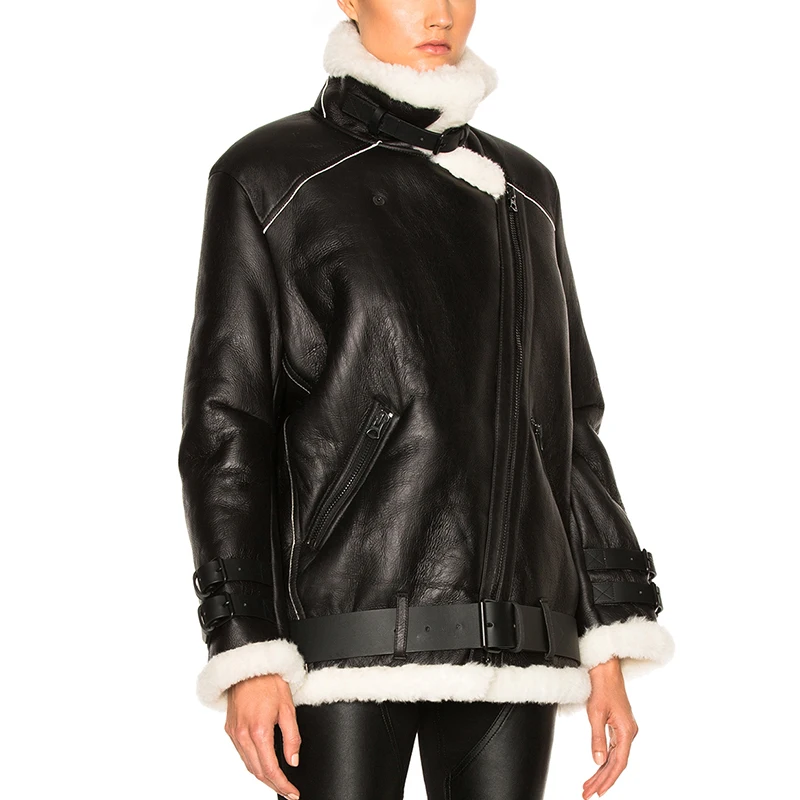 Wholesale Trendy Winter Faux Fur Shearling Coat Fur Lining Women Leather Coat