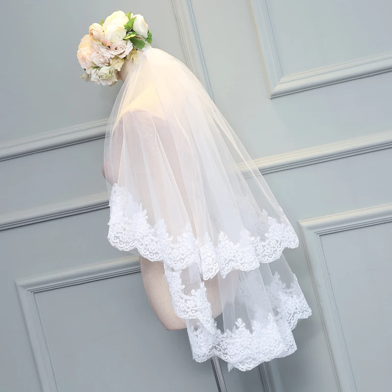 
wholesale top quality short lace two layer Ivory 1.5 meters width 1.5 meters short lace veil for bridal with comb MSVB3 