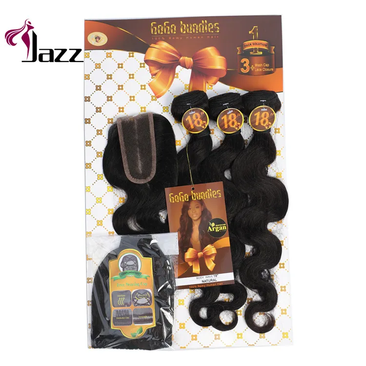 Brazilian Virgin Remy Human Hair 3 Bundles With 2 X 4 Lace Closure With Wig Cap 5-Piece Set