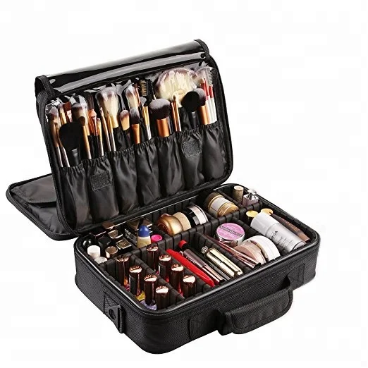 
3 Layers Waterproof Makeup Bag Travel Cosmetic Case Brush Holder with Adjustable Divider- soft cosmetic case supplier 