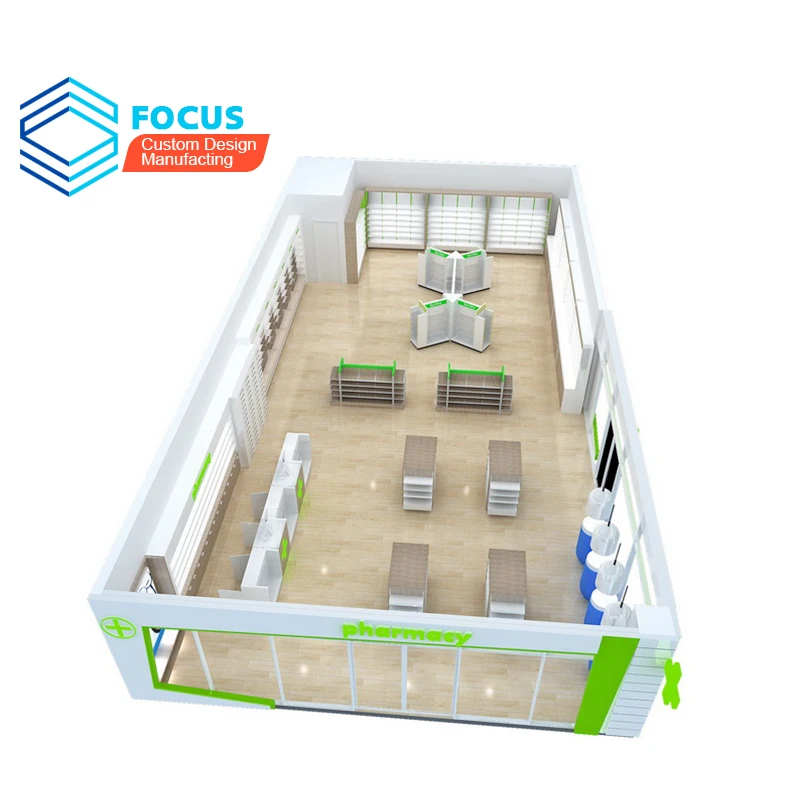 3D Design Render Retail Pharmacy Shop Interior Design Pharmacy Wood Showcase Designs For Medical Store