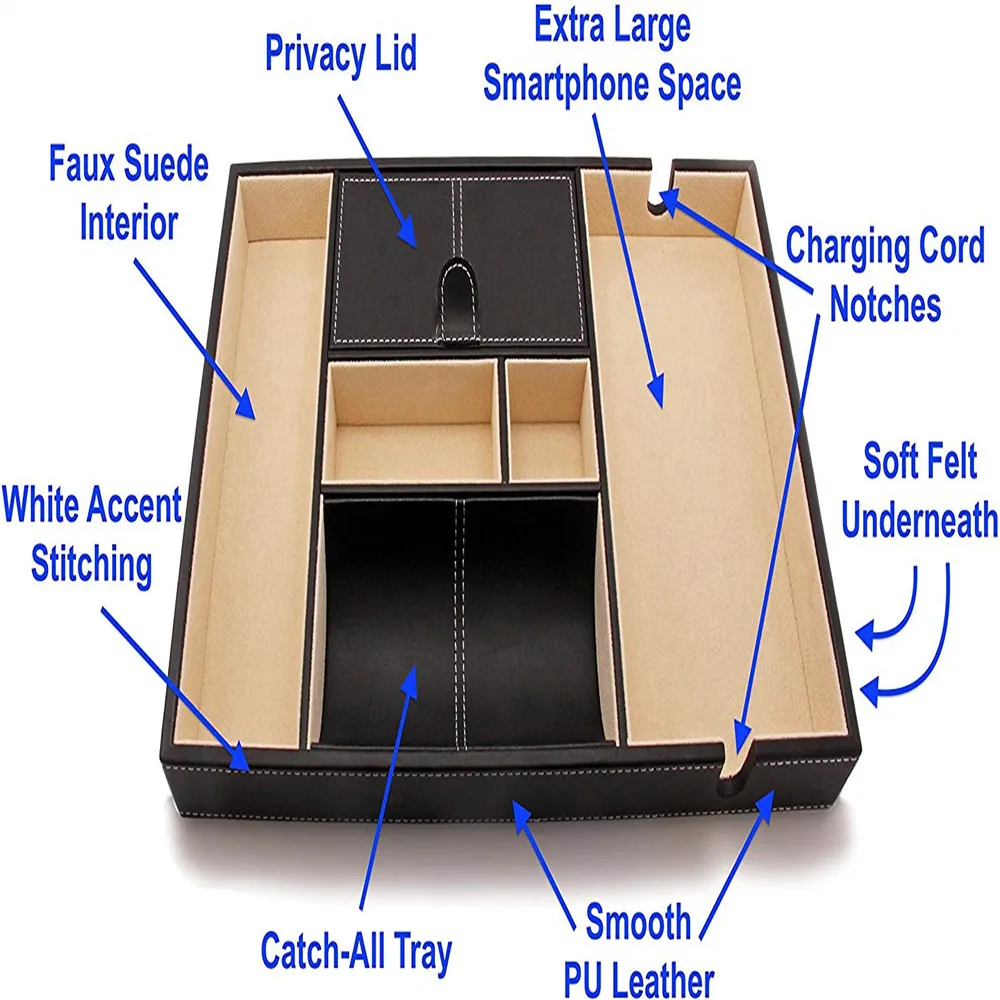 Office Desk PU Leather Valet Tray Organizer with Multi Compartment and Large Smartphone Charging Station