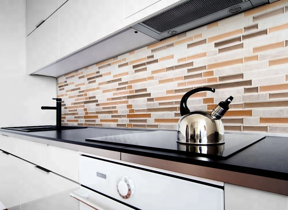 Factory Outlet Orange Marble Effect Vinyl Tile Home Backsplash Decor Sticker 3D Strip Mosaic Wall Tile