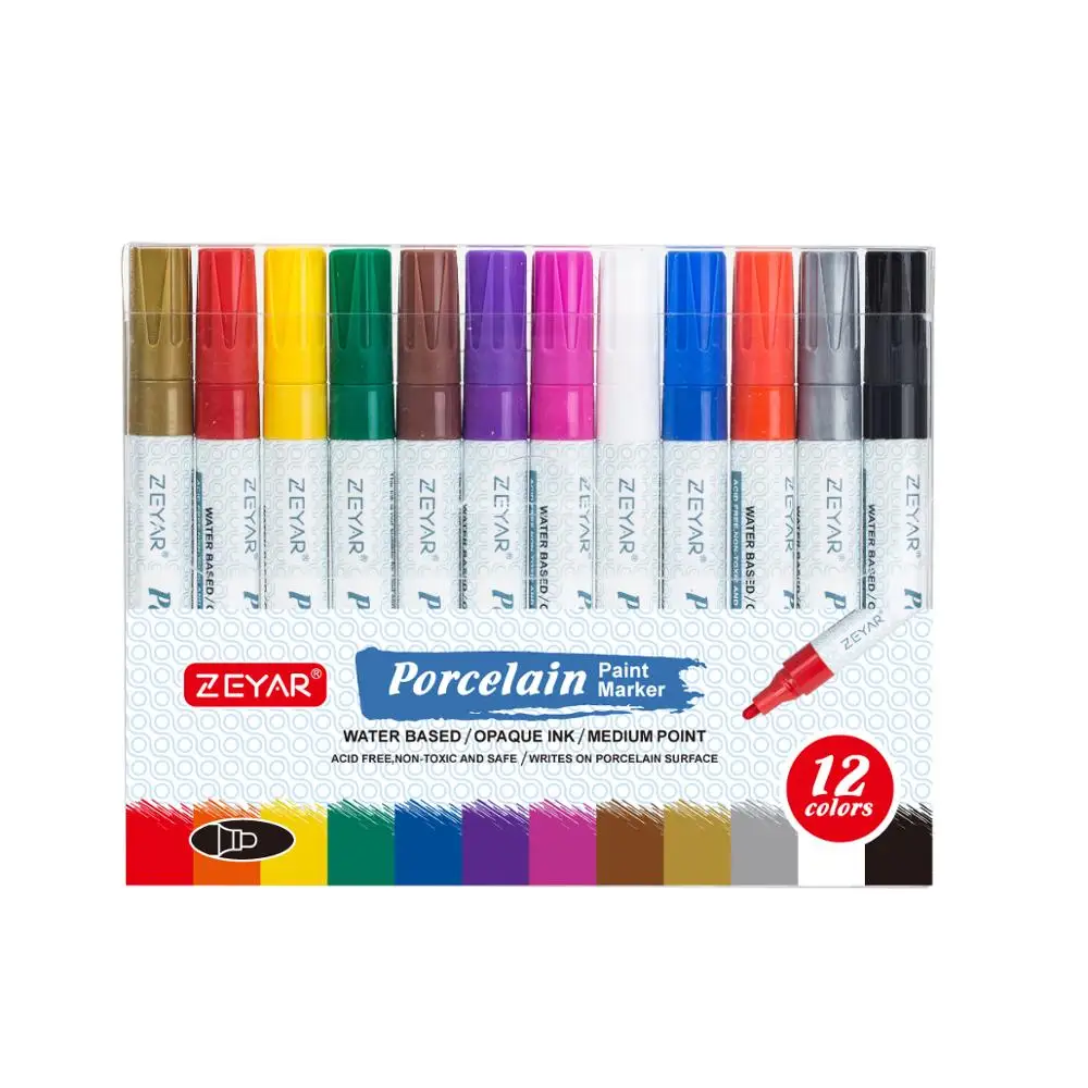 Customized ZEYAR Ceramic Paint Pens water based ink Medium Point 12 Colors DIY on Mugs and other Ceramics for Permanent saving