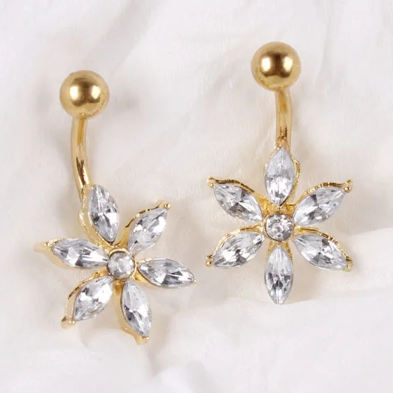 706 Unique Design Stainless Steel Single Luxury Gold Crystal Flower Navel Belly Button Rings Body Piercing