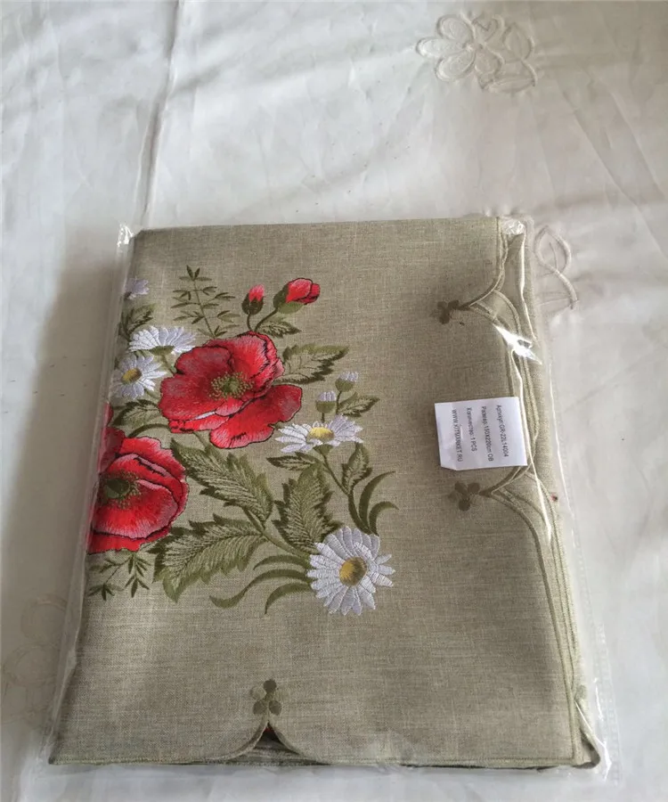 Soft Satin Fabric Red Embroidery Poppy Table Runner flower Tablecloth