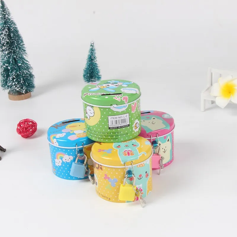 Promotion kids gifts cartoon tin can coin bank with lock