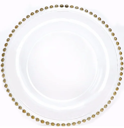 SXGC Hot sales wedding and party glass fancy Decorative Charger Plates with Gold beads rim round charger plate