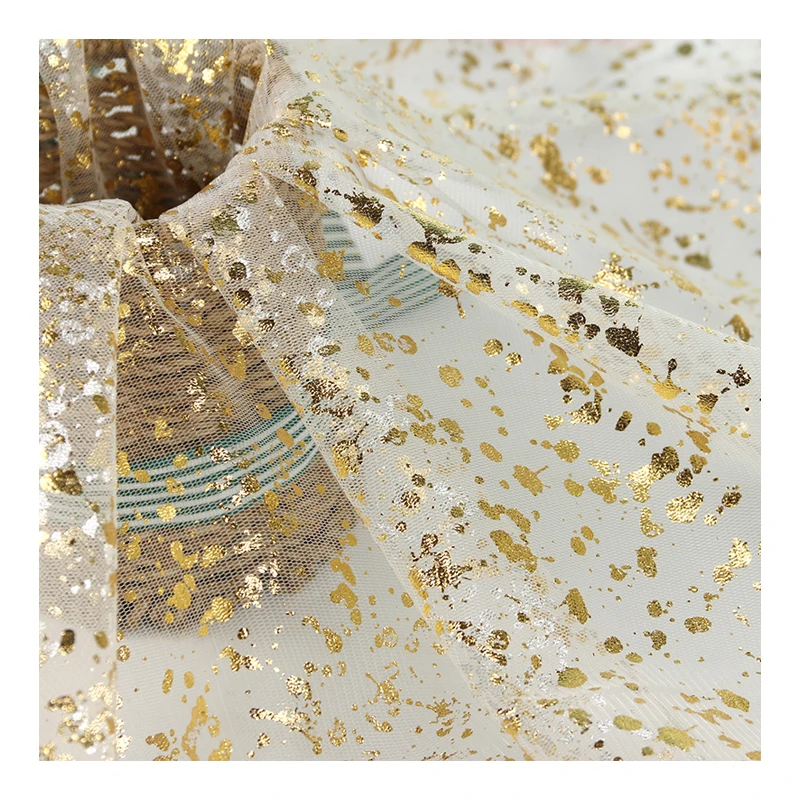 Wholesale polyester golden transparent spotted flash mesh fabric for clothing