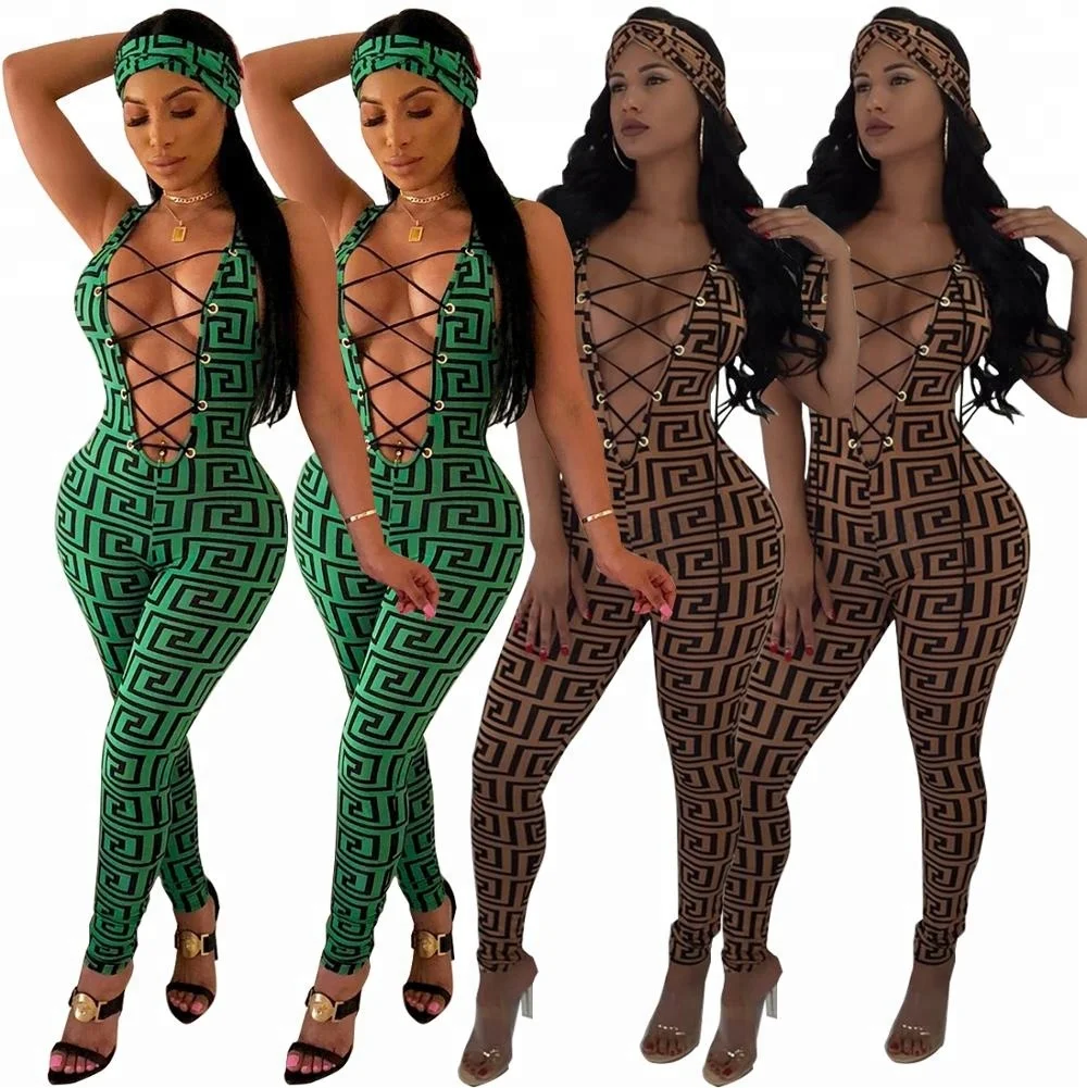 
Fashion Deep V Neck Bandage Jumpsuit Figure Printed Bodysuit 