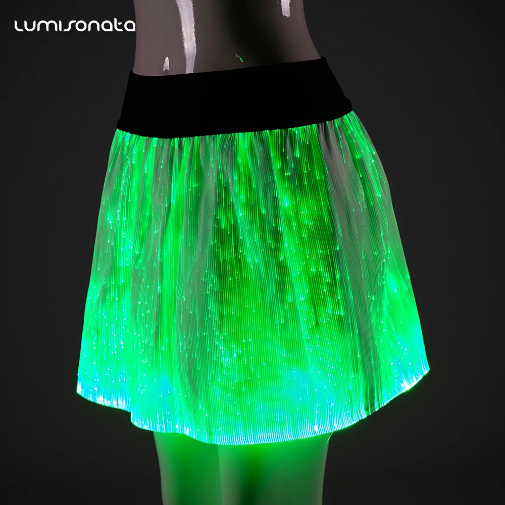 7 color changeable optic fiber luminous sexy girls photos with mini skirt with LED light up stage party mini women dress
