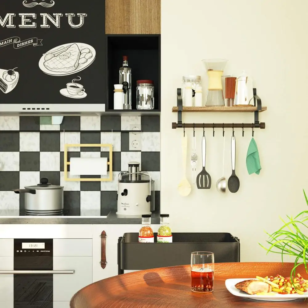 Floating Shelf Wall Shelf for Storage - Rustic Wood Kitchen Spice Rack with Towel Bar and 8 Removable Hooks for Organize Cooking