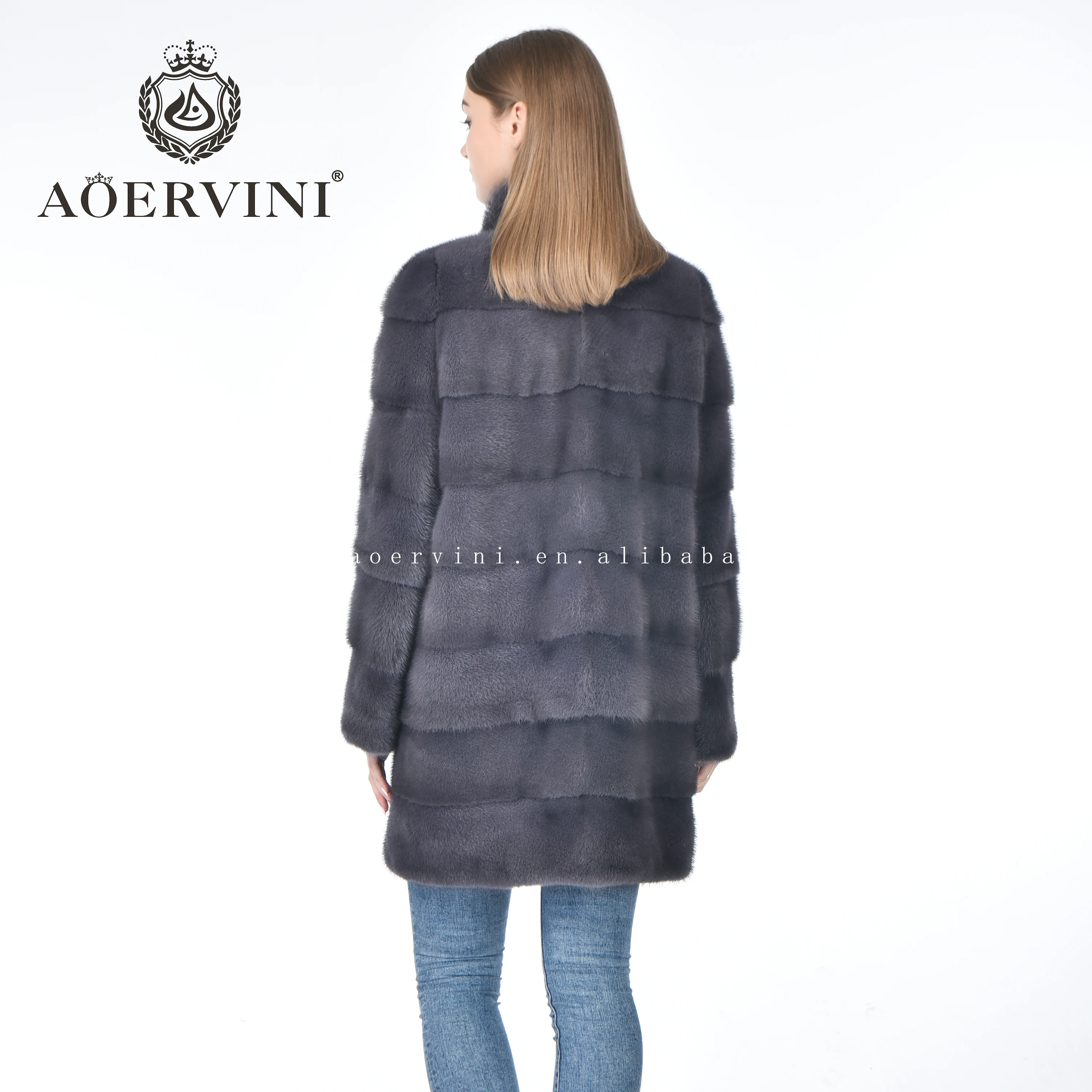
Fashion classic standing collar hot selling gray women mink fur coat 