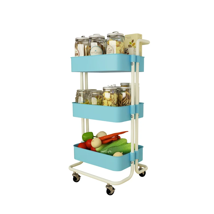 3-tier Carbon Steel Kitchen Trolley On Wheel Vegetable Fruit Storage Basket Dinning Room Corner Shelf Cart