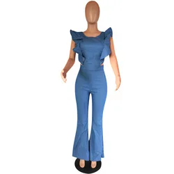 Wholesale M1138 sexy mature women  short sleeve backless long pants bodycon slim tight denim jeans jumpsuits