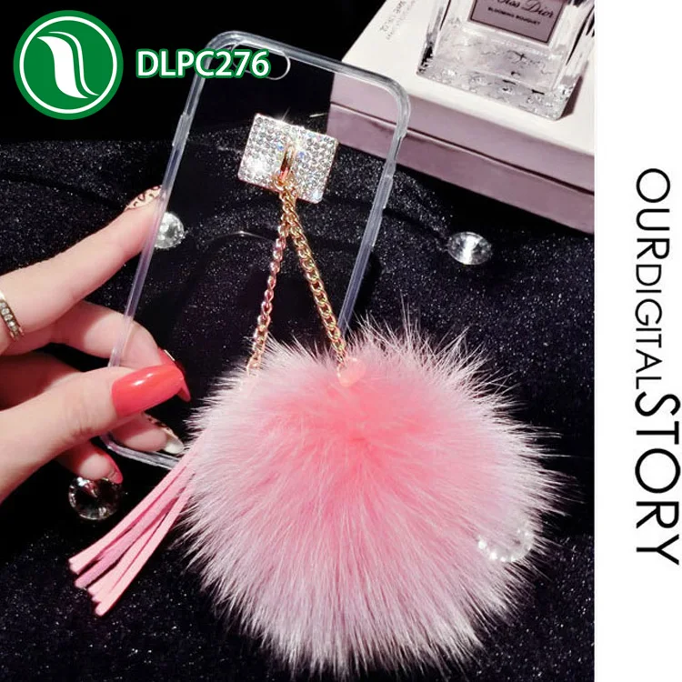 Luxury fox plush ball phone case Bling diamond Clear Soft TPU fur ball case for iPhone 6