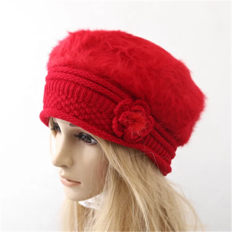 
2019 New Design Elegant Soft Rabbit Hair Knit Warm Beret Hats Fashion Winter Flowers Beanie Hats With Brim 