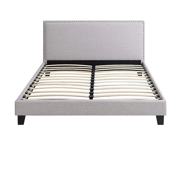 Light Grey Queen Upholstered Bed with Panel Bedframe with Studs for bed frame mattress