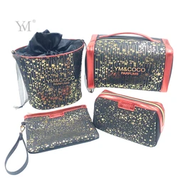 novation portable handle large capacity square pouch pvc leather bronzing gold makeup bag with mirror