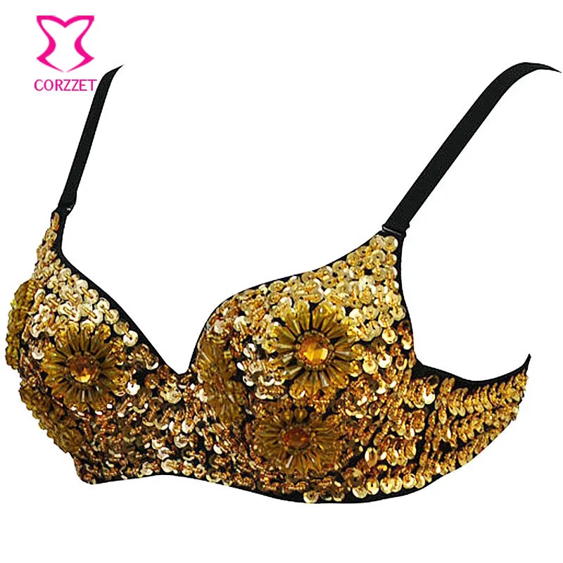 Corzzet Gold Resin Sequined Punk Rock Bra Sexy Women Underwear Party Dance Bra