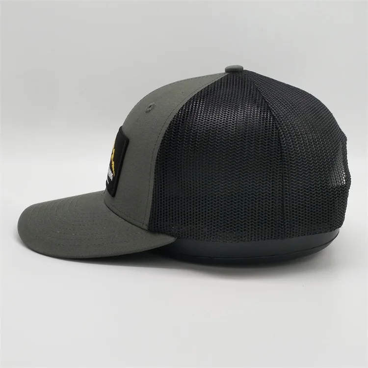 Wholesale Oem Customised Logo High Quality 6 Panel Blank Mesh Snap Back Grey 112 Trucker Caps Hat With Embroidery Patch