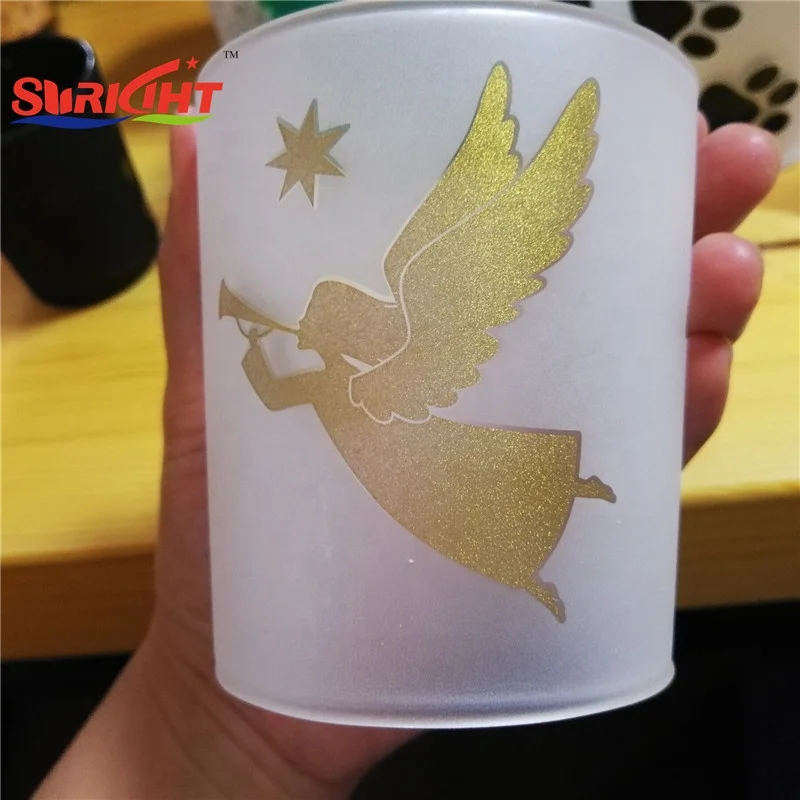 Paraffin wax Christmas Glass Hurricane, Frosted Angel, Green Christmas Tree Photophore