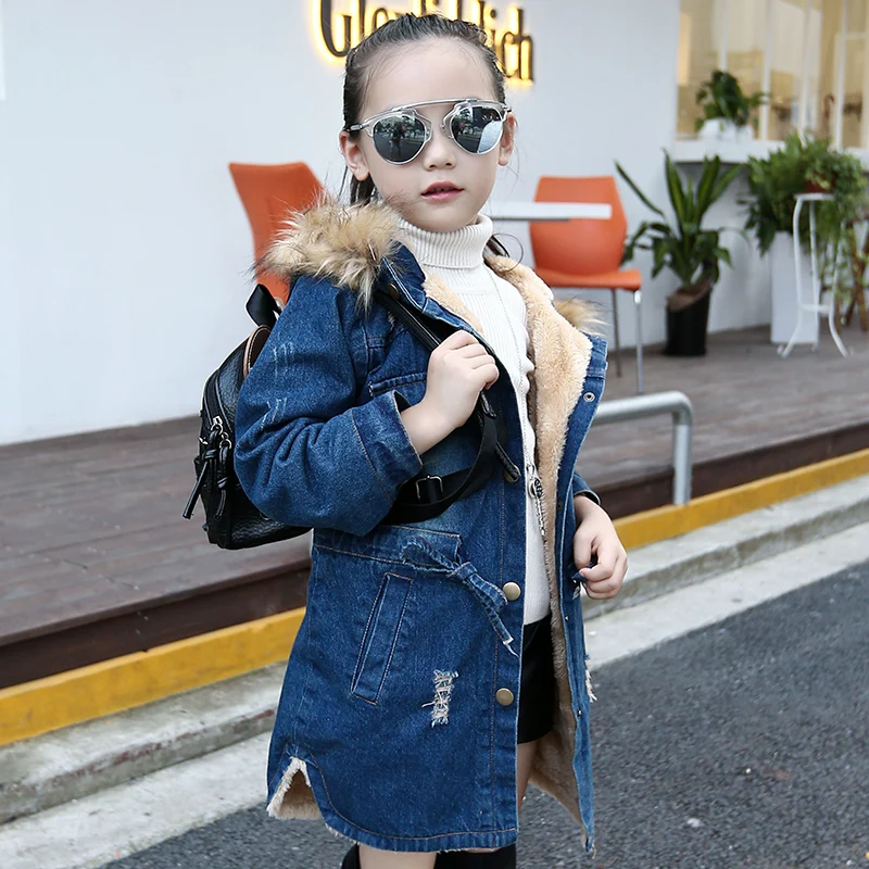 
Girls denim drawstring with hood thick lambswool winter jeans overcoat 
