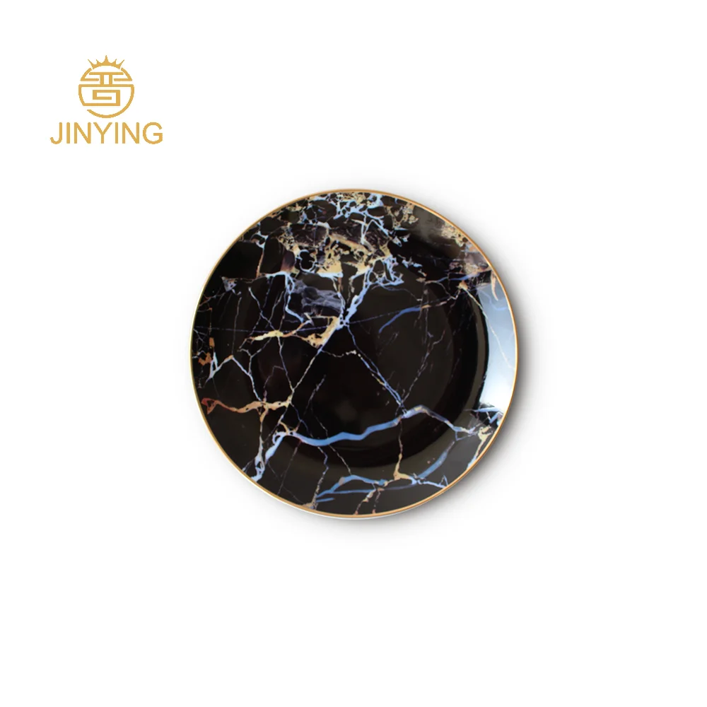 Luxury Wedding Gold Rim Golden Royal Black Marble Opal Dinner Plates Set