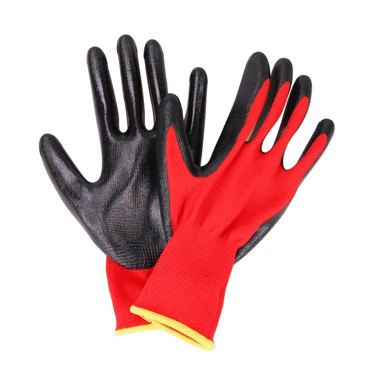 Work Gloves Xingyu Red Polyester Shell Black Nitrile Smooth Coating Work Safety Gloves Mens Gloves