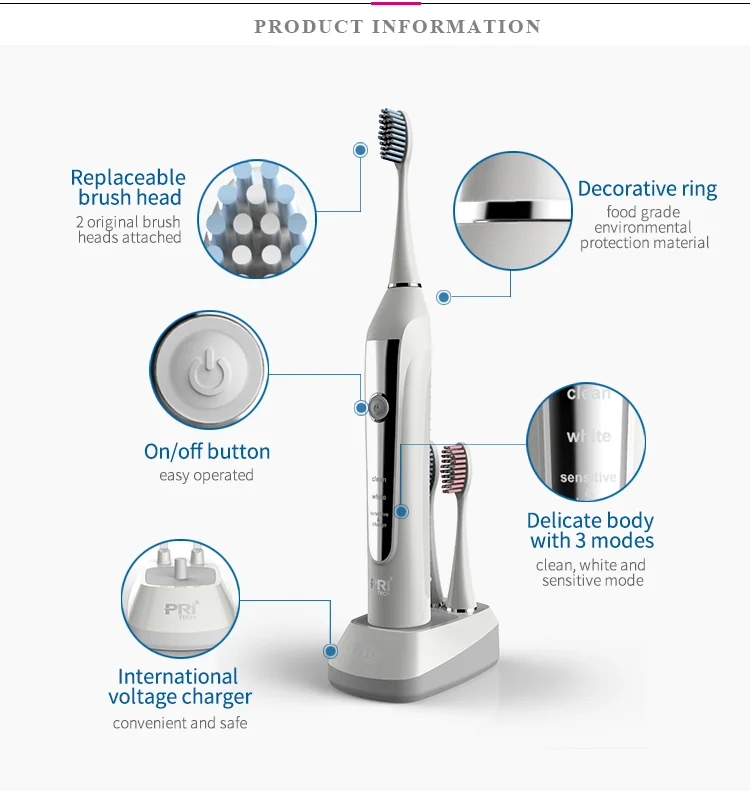 PRITECH OEM Customized Wireless Induction Charging Waterproof Adult Ultrasonic Electric Toothbrush